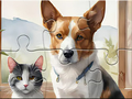 খেলা Jigsaw Puzzle: Oil Painting Dog And Cat